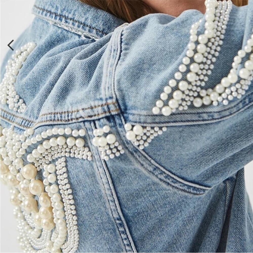 Sandro Pearl Embellished Oversized Distressed Denim Jean Jacket Size small - Picture 10 of 16